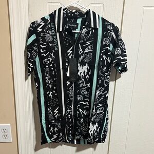 Reason Black and White Graphic Shirt with Turquoise Accents